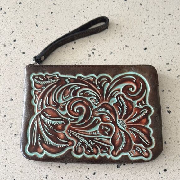 Patricia Nash Cassini Wristlet Leather Brown Turquoise Tooled Floral Zip Closure - Picture 1 of 12